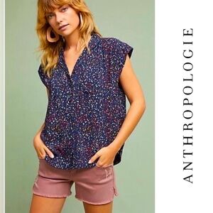 Anthropologie MAEVE Navy Confetti Print Cap Sleeve V-Neck Button-Down |S-Small